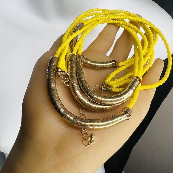 Beautiful Yellow Brassy Tone Multi Strand Seed Beads Statement Necklace 1562 - Picture 10 of 13